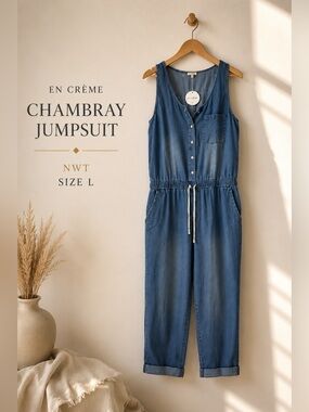 EN CRÈME Chambray Sleeveless Drawstring Jumpsuit Blue Size Large